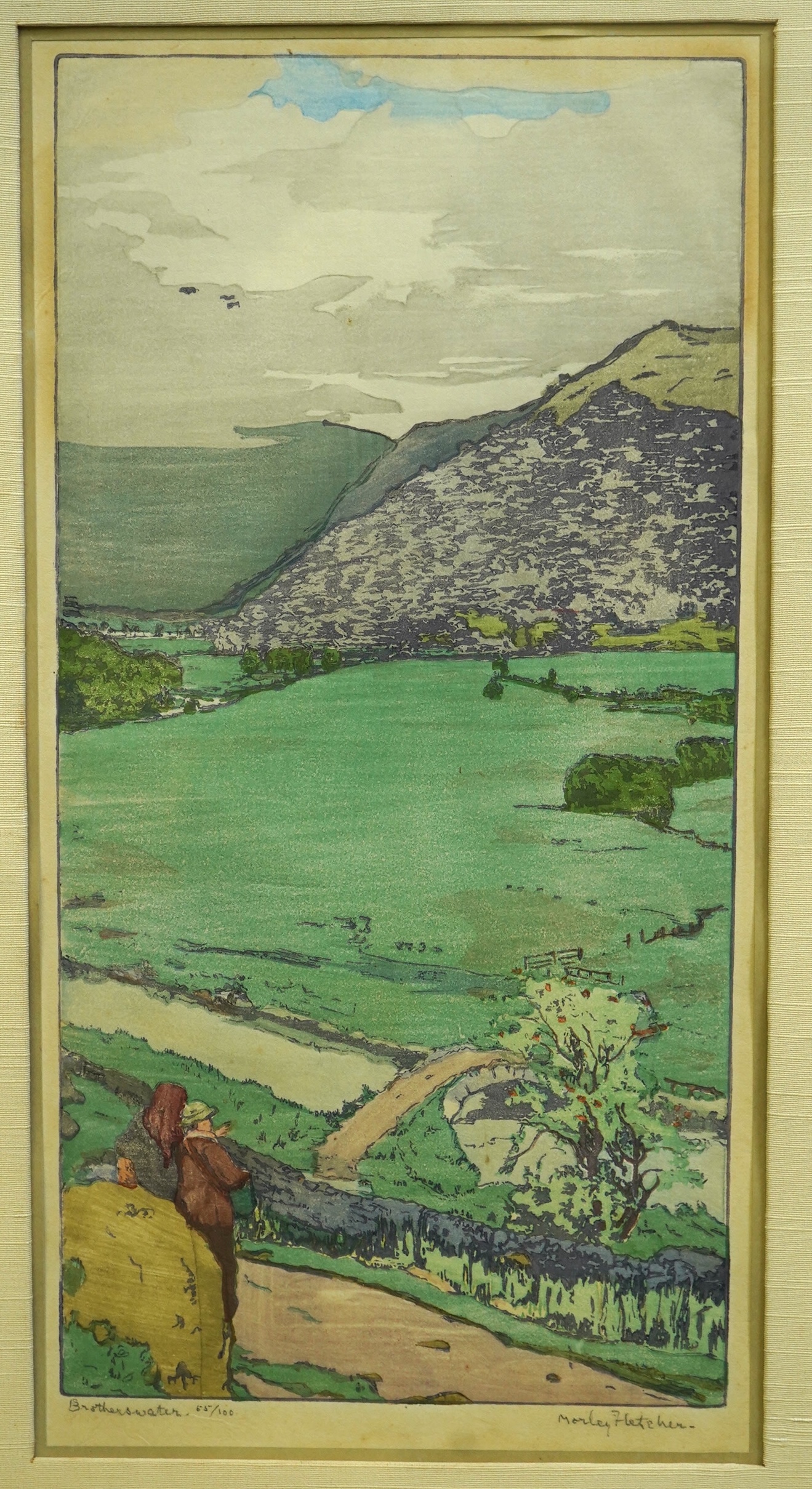 Frank Morley Fletcher (English, 1866-1949), 'Brotherswater', woodcut, 35.5 x 17.5cm